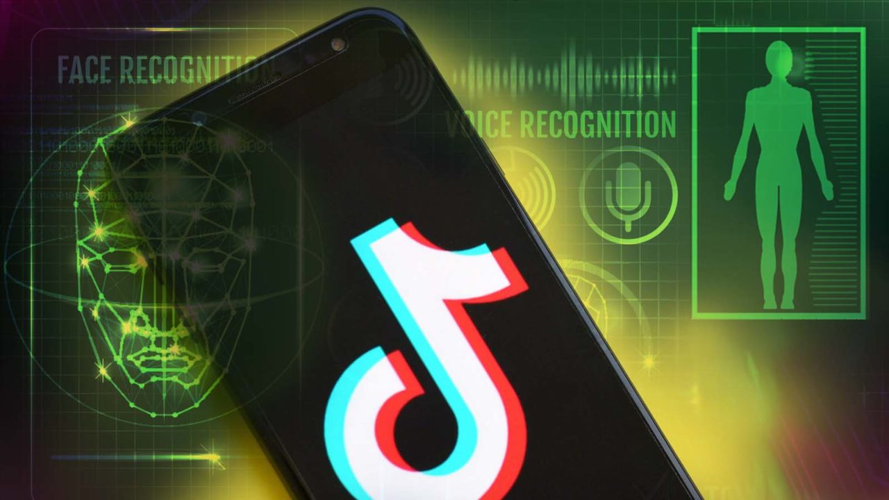 Bildet viser en telefon med Tiktok-logo, omringet av biometrisk grafikk.