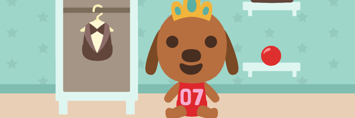 Sjermdump fra appen Dress Up Babies. En lekehund sitter på gulvet med en krone på hodet.