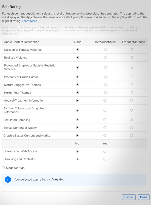 Skjermdump av App Stores alderskriterier. 