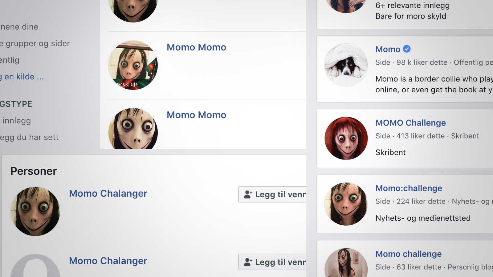 Skjermdump av Momo-profiler på Facebook. Foto: Barnevakten