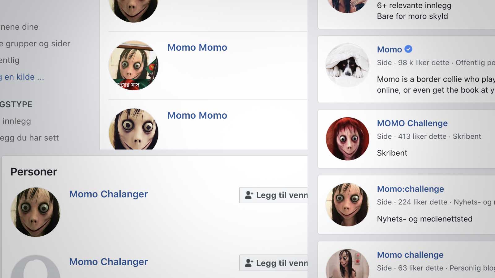 Skjermdump av Momo-profiler på Facebook. Foto: Barnevakten