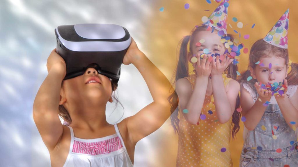 Foto: Shutterstock / Sabine Schemken / Barnevakten. Bildet viser ei jente med VR-briller, og to jenter ned bursdagshatter.