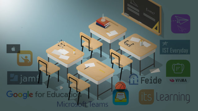 Foto: Barnevakten. Bildet viser en tegning av et klasserom sammen med logoene til en del datasystemer som brukes i skolen.