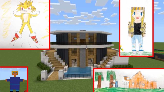 Foto: Barnevakten. Bildet viser tegninger og Minecraft-bygninger som barn lagde under Spilluka 2021.