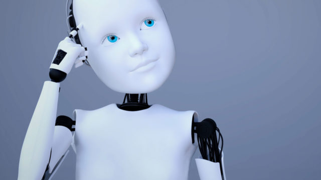 Foto: Shutterstock / Sarah Holmlund. Bildet viser en robot som ser ut som et barn.