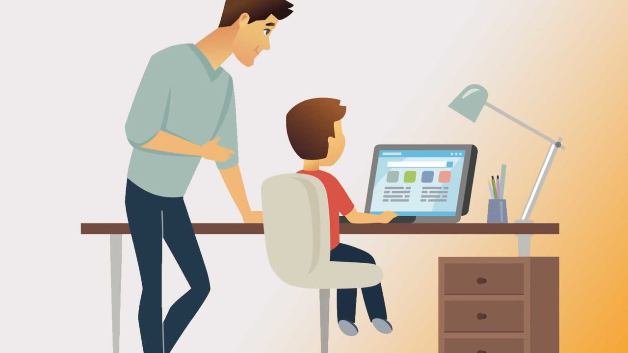 Foto: Shutterstock / Boyko.Pictures / Barnevalten. Bildet er en tegning som viser en pappa som hjellper en sønn som bruker en datamaskin.