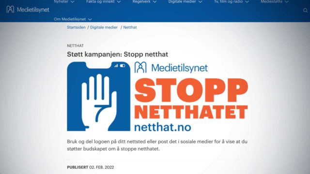 Bildet viser nettsiden til Medietilsynet og logoen "Stopp Netthatet".