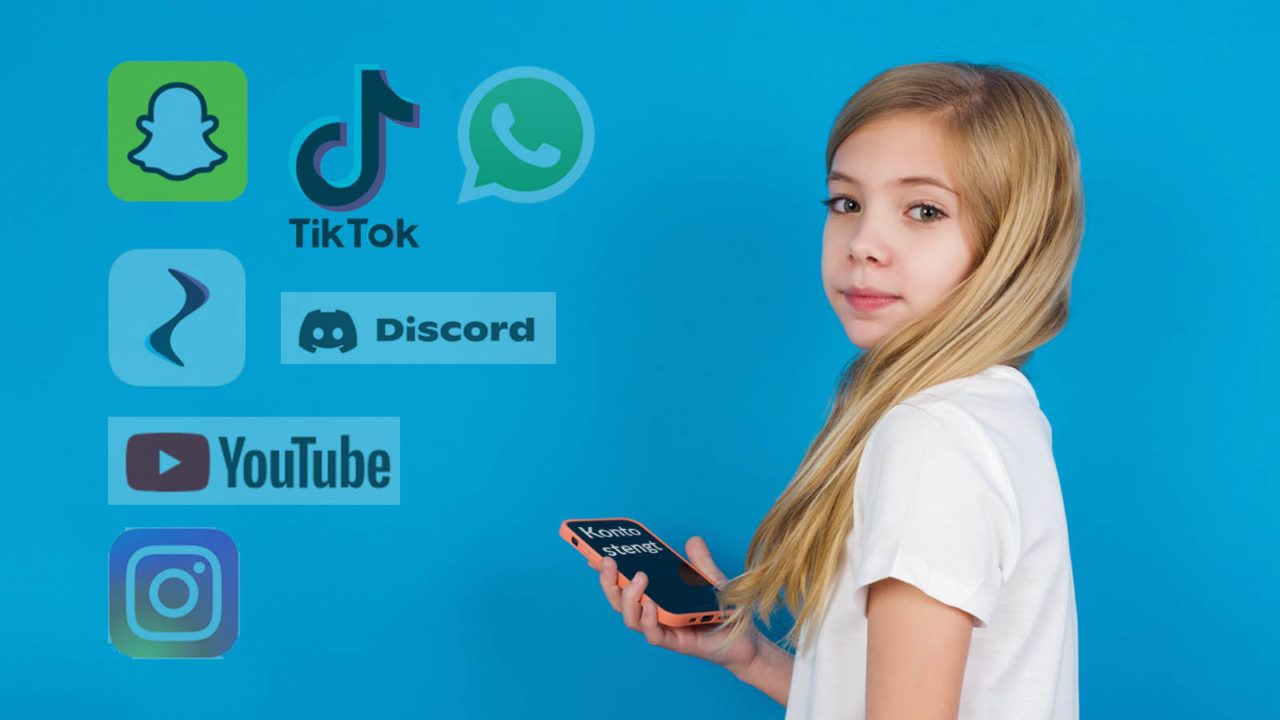 Foto: Barnevakten og Shutterstock. Bildet viser ei jente med mobiltelefon. Montert inn er logoer fra sosiale medier.