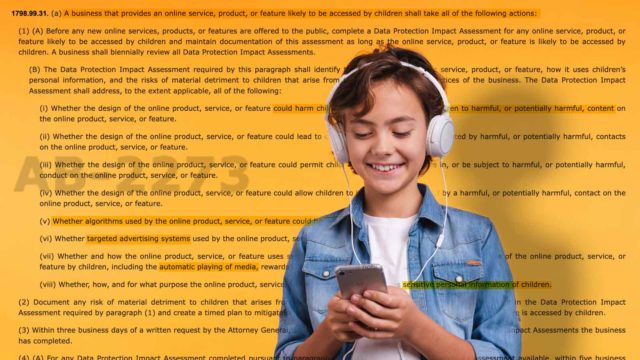 Foto: Shutterstock / Inside Creative House / Barnevakten. Bildet viser en gutt med telefon og hodetelefoner, men lovteksten på veggen bak.n
