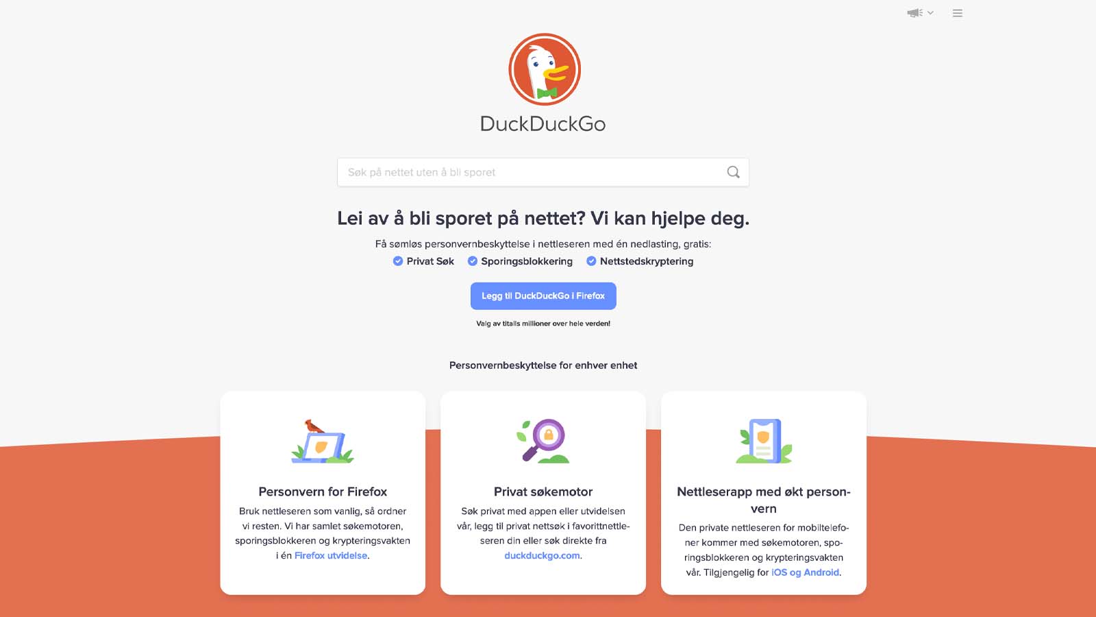 Bildet viser hjemmesiden til Duckduckgo.