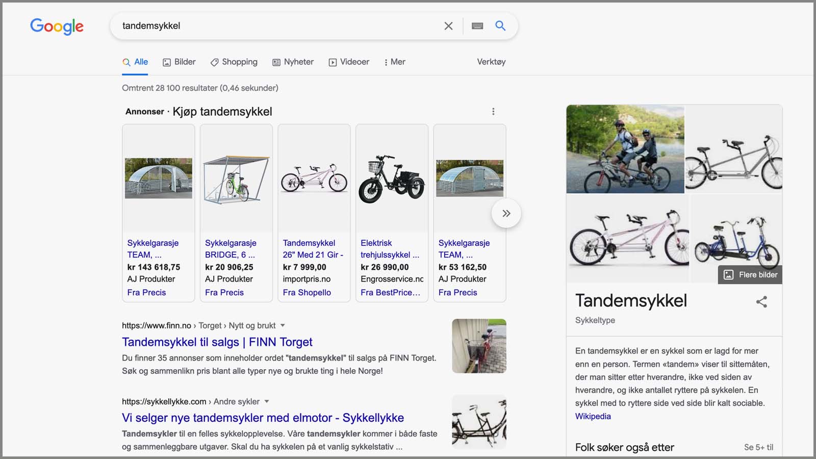 Bildet viser skjermbilet for Google-søk der man har søkt etter ordet tandemsykkel.