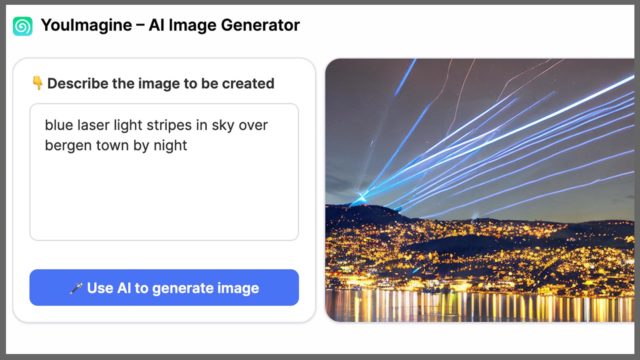 Faksimile av You og bilderoboten som har laget et foto over Bergen med laserlys på himmelen.