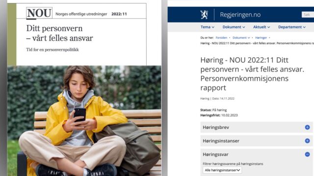 Bildet viser faksimiler av personvernkommisjonens rapport og regjeringens nettside for høringssvar.