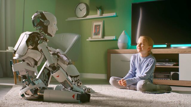 Foto: Shutterstock / Frame Stock Footage. Bildet viser en robot som samtaler med ei jente hjemme i stua.