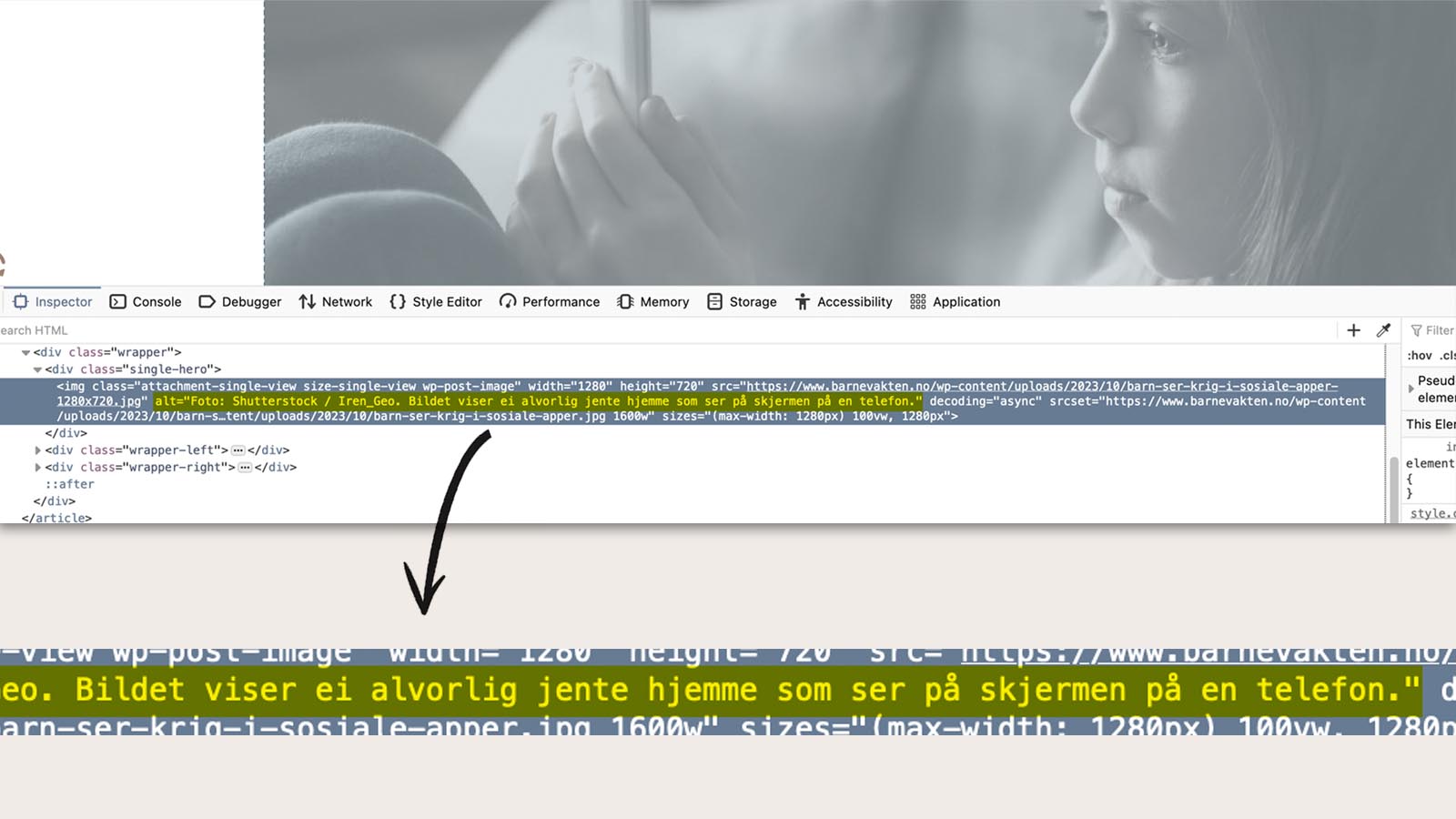 Bildet viser et eksempel på alt-tekst gjemt i html-kodene.