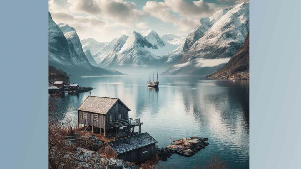 Bildet viser fjell, fjord og naust.